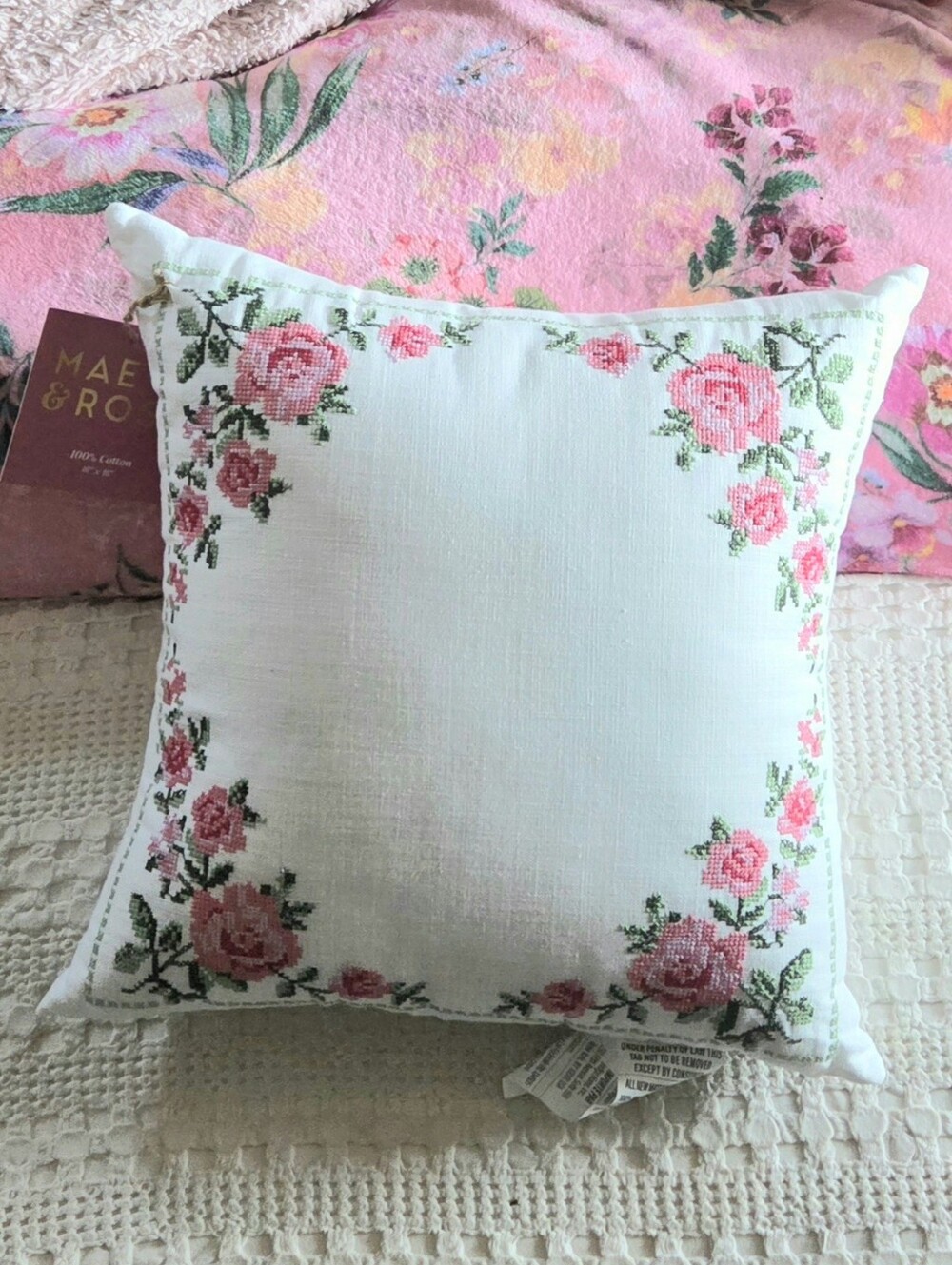 Maeve and Rose Floral Needlepoint Stitch Square Cotton Decorative Throw PIllow